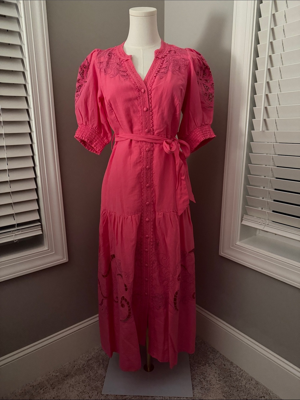 Hale Bob Fuchsia Embroidered Maxi Dress with Tie Waist
